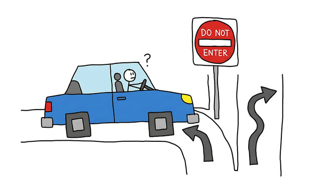 A blue car turns wrongly at a road intersection with a do not enter sign