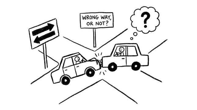 Cars collide at road intersection with confused drivers wondering wrong way