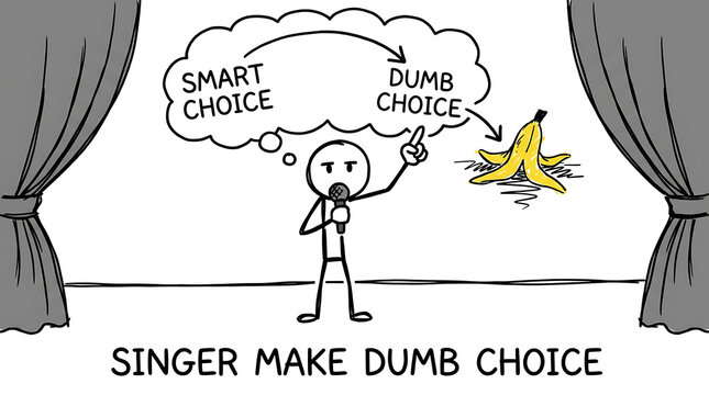 A cartoon singer on stage makes a dumb choice between options.