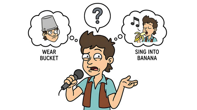 A man is singing into a microphone with thought bubbles suggesting absurd actions