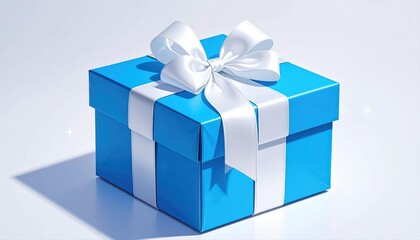 Fototapeta premium A bright blue gift box with a silky white ribbon in a large decorative bow, on a clean white background