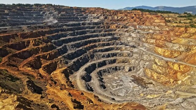 Aerial view of a large open pit mine showcasing terraced layers and heavy machinery in operation