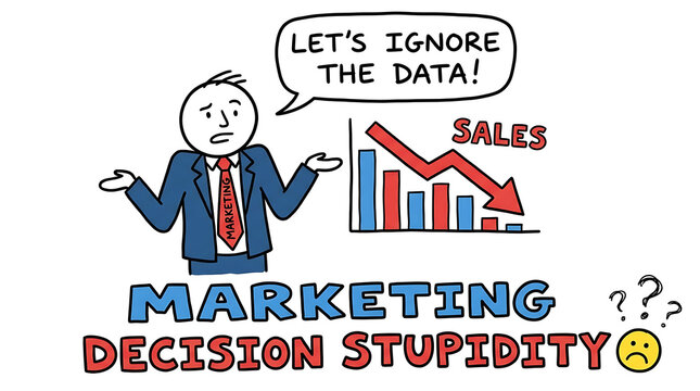 A man in a blue suit questions sales data for marketing decision making.