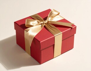 Obraz premium luxurious square gift box wrapped in matte red paper with a wide satin gold ribbon tied into a perfect bow on top, placed on a soft cream background