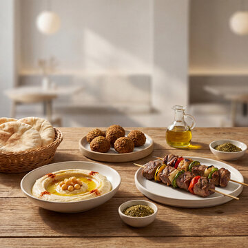 Modern Arabic Gourmet Food Presentation in Elegant Restaurant Setting