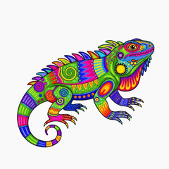Obraz premium Vibrant Colorful Iguana Lizard Illustration with Tribal Patterns