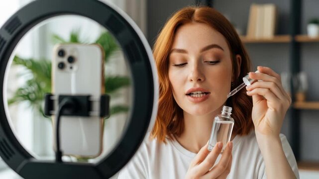 Beautiful redhead girl holding a glass dropper bottle of facial serum, filming a UGC skincare tutorial and morning routine for her blog using a smartphone and professional ring light