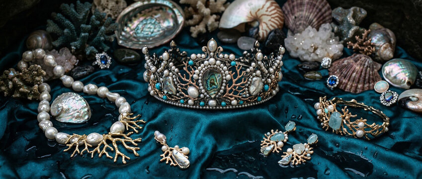 Seashell and pearl jewelry collection arranged on deep teal satin, featuring an ornate crown, bracelet, necklace and earrings with coral motifs, marine details and luxurious styling