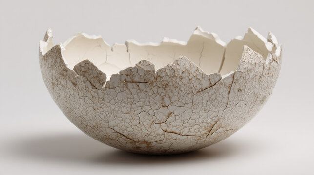 Cracked eggshell bowl with textured rim on white background, fragility concept art closeup