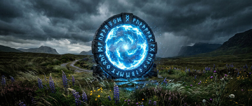 Glowing circular rune portal standing in a windswept meadow beneath dark storm clouds, with blue swirling energy, mountain silhouettes and wildflowers framing a dramatic fantasy landscape