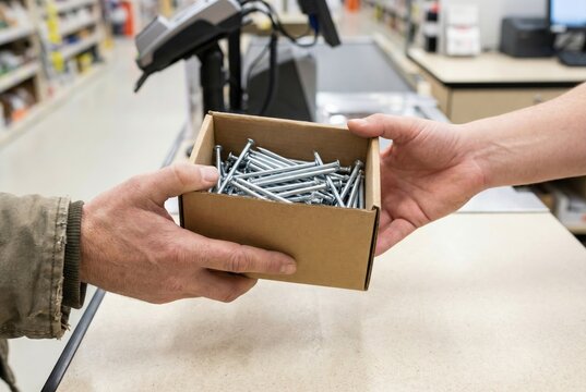 A hardware store worker handing over a small cardboard box filled with metal screws to a customer