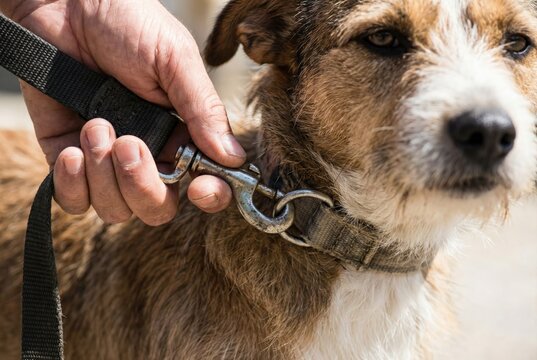Close up of a hand holding the metal clip of a leash attached to a small brown and white dog