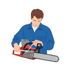 Fototapeta premium Chainsaw Repair by a Skilled Male Mechanic Wearing Blue Work Clothes Using a Metal Wrench to Tighten Parts on a Gasoline Powered Handheld Wood Cutting Tool in a Professional Setting