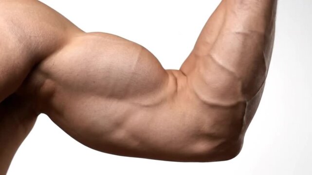 Close up view of a muscular male arm flexing showing detailed muscle definition and blood vessels