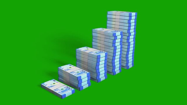 A 3D animation of growing stacks of blue Azerbaijani 200 Manat bills on a green screen. Symbolizes wealth and growth, including a black-and-white matte for easy background removal and editing.
