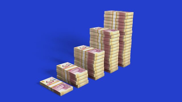 A 32-bit style 3D animation shows stacks of British &pound;50 notes growing into a bar graph on a blue backdrop. Includes a black-and-white alpha matte version for clean compositing and visual editing.