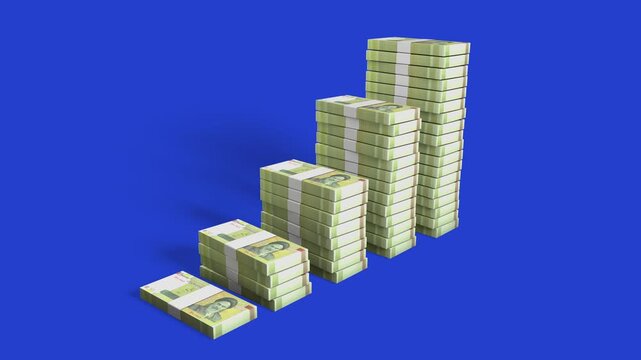 3D animation of 100,000 Iranian Rial banknote stacks growing into a rising bar graph on a blue background. Includes an alpha matte for editing. Symbolizes inflation, finance, and wealth in Iran.