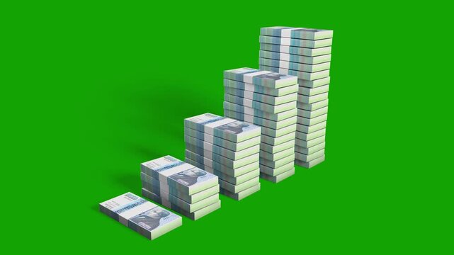 Stacks of Icelandic 10,000 kr&oacute;nur bills grow into a bar graph on a green screen. The animation illustrates wealth accumulation or currency inflation, accompanied by a black-and-white luma matte.