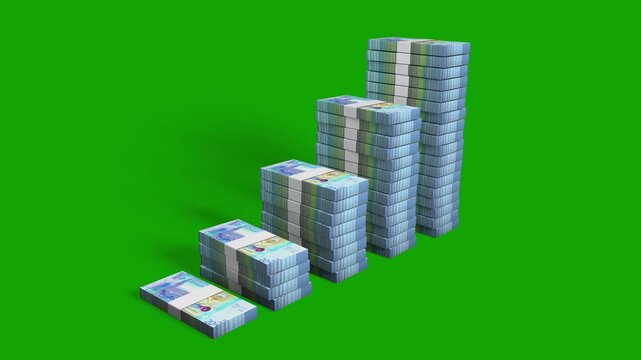 Ascending stacks of 20 Kuwaiti Dinar banknotes forming a bar graph on green screen. Includes luma matte for easy editing. Ideal for Kuwait finance, wealth growth, and economic success visuals.