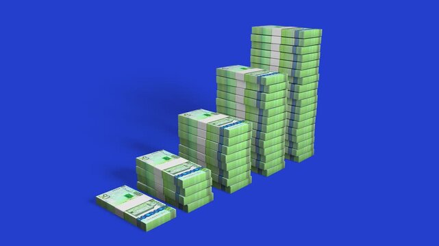 Animated 3D bar graph of rising Libyan 50 Dinar banknote stacks on a blue screen. Includes a luma matte for easy background removal. Perfect for financial growth and North African economic concepts.