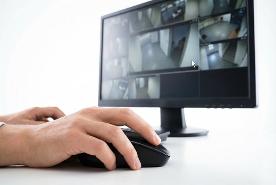 Hands of a security guard using a computer mouse while monitoring multiple CCTV surveillance camera feeds