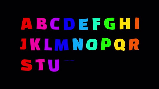 Colorful alphabet animation with bright letters sequence. Vibrant typography display on dark background