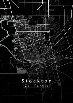 Minimalist black map of Stockton, California &ndash; A modern map print highlighting infrastructure of the city, useful for tourism purposes

