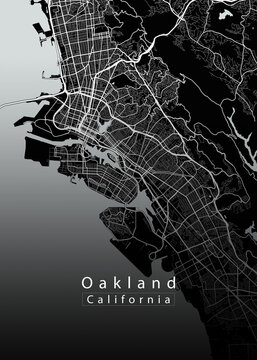 Minimalist black map of Oakland, California &ndash; A modern map print highlighting infrastructure of the city, useful for tourism purposes
