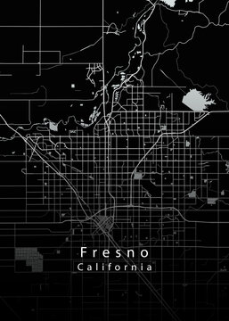 Minimalist black map of Fresno, California &ndash; A modern map print highlighting infrastructure of the city, useful for tourism purposes
