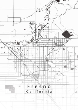 Minimalist white map of Fresno, California &ndash; A modern map print highlighting infrastructure of the city, useful for tourism purposes

