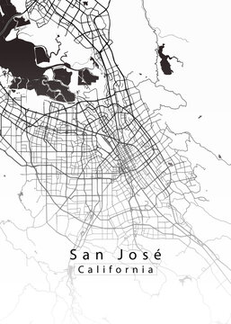 Minimalist white map of San Jose, California &ndash; A modern map print highlighting infrastructure of the city, useful for tourism purposes
