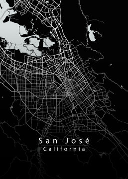Minimalist black map of San Jose, California &ndash; A modern map print highlighting infrastructure of the city, useful for tourism purposes
