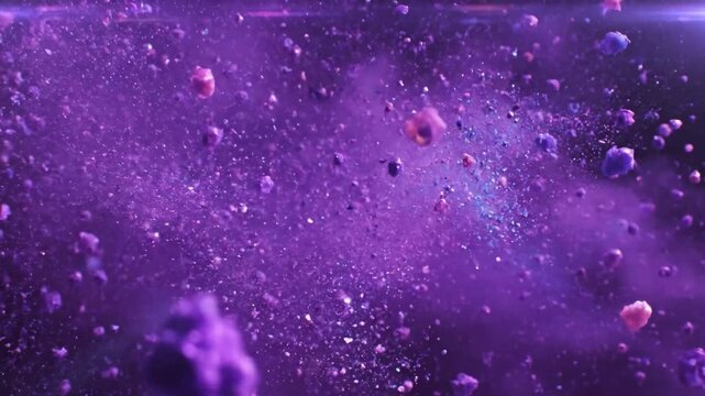 Abstract cosmic explosion with shimmering particles and floating rocks in a brilliant purple space scene.