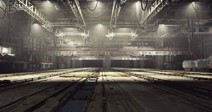Empty dry dock with equipment, Stationary vessel bay with tools and structures, Unoccupied maritime workshop featuring support mechanisms and lighting