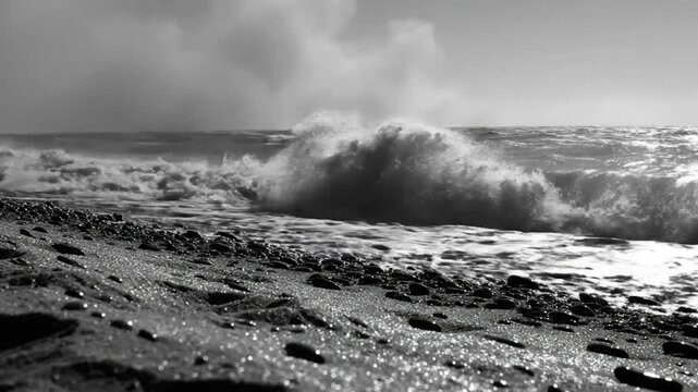Black and white view of foamy ocean waves crashing onto a pebbly beach under a cloudy sky.
