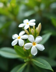 Naklejka premium White jasmine flowers bloom on green bush. Delicate petals surround yellow center. New buds and leaves grow nearby. Peaceful garden scene in daylight.