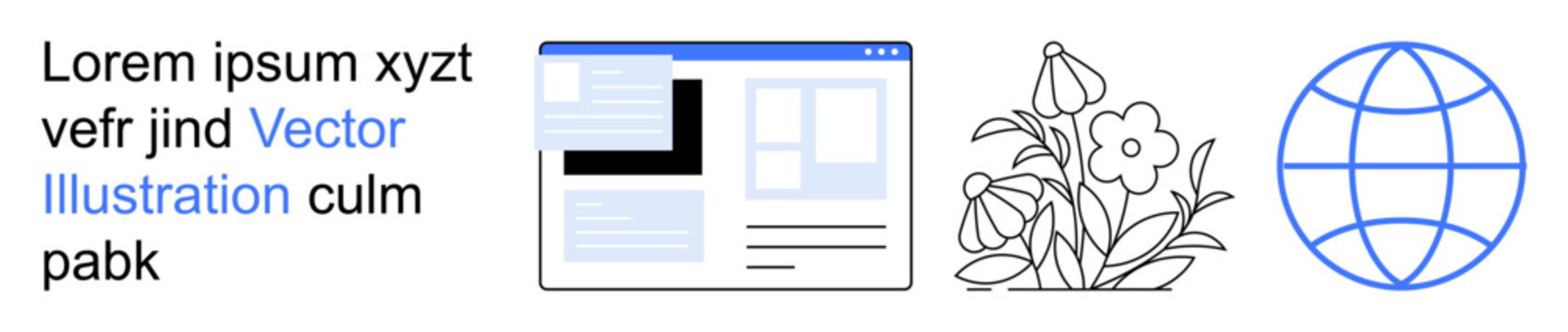 Digital technology, nature integration, global communication, website design, environmental , online connectivity. A browser window, line-drawn flowers and a wireframe globe. Digital technology