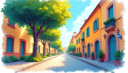 Obraz premium Sunny street lined with bright orange buildings and green trees. Paved walkway beside stone sidewalk. Blue sky with white clouds above. Urban scene with charming architecture.