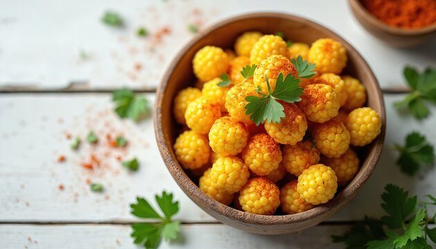 Close-up of elotes corn kernels seasoned with chili powder and fresh parsley garnish. Served in a rustic wooden bowl on a white table, simple food preparation.