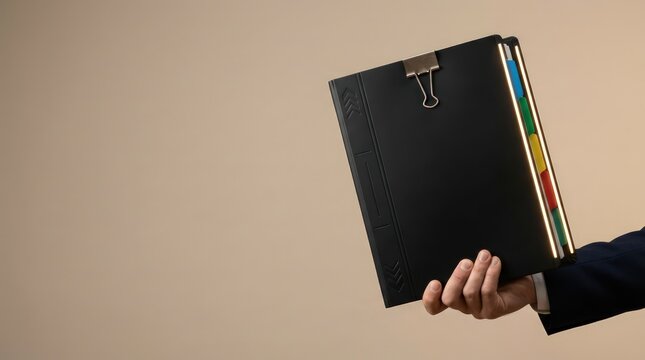 Business hand holding black indexed report binder with color tabs and metal clip on warm neutral background with left copy space for audit policy review and document control