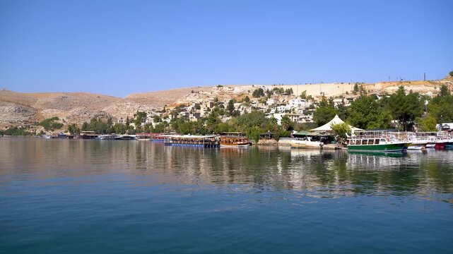 View of Halfeti old town from Euphrates River in Sanliurfa Turkey