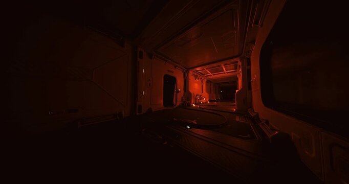 empty red passage aboard orbital station leads toward docking bay, reflective metal walkway with maintenance hatches and monitoring consoles, faint pulse