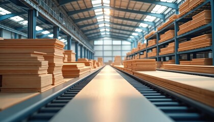 Obraz premium Factory interior with stacks of manufactured wood panels on conveyor belts and shelves. Industrial production hall showcases raw timber materials and finished boards ready for transport.