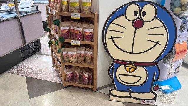 Doraemon anime character cutout standee next to a wooden shelf of dried fruit snacks including lemon and passion fruit at Narita Airport - Chiba, Japan, October 29, 2025