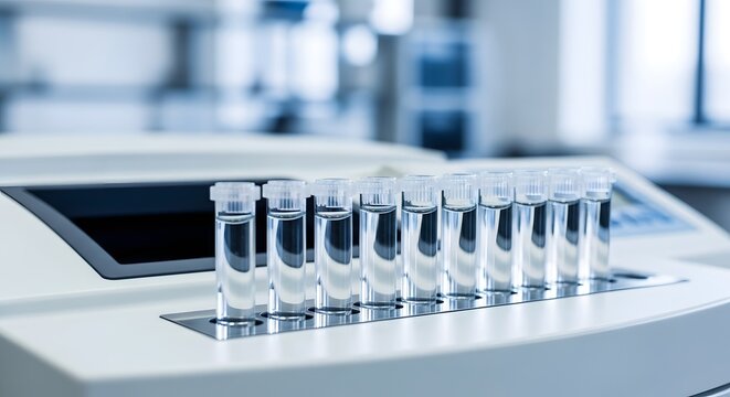 Laboratory analysis rows of test tubes in a modern medical setting