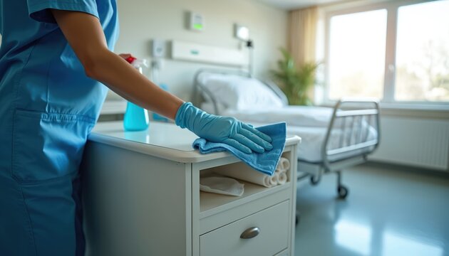 Healthcare staff member with gloves wipes bedside table in hospital room. Cleanliness and hygiene protocols are followed to prevent germ spread and maintain patient safety in medical facility.