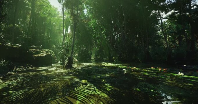 Sunlit forest pond with mossy roots and shallow reflective water, canopy rays filtering through trees, lush ferns and lily pads, botanist survey vibe, humid