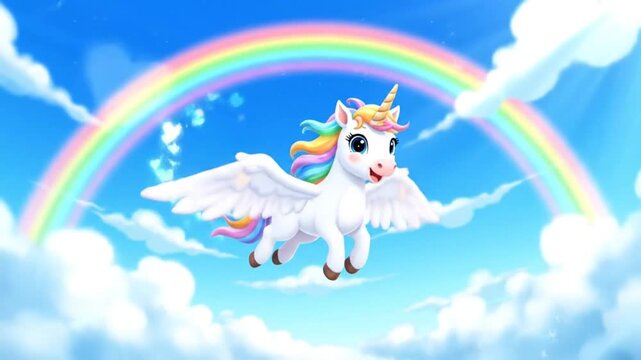 Whimsical winged unicorn soaring through a dreamy sky with a beautiful rainbow and fluffy clouds in a magical cartoon scene