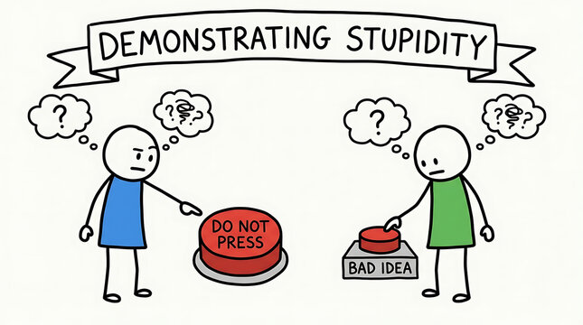 Two people demonstrating stupidity with a do not press button and bad idea sign