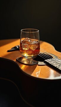 Glass of whiskey with ice sits on acoustic guitar. Warm light on wood instrument. Relaxing evening scene, quiet moment with music and drink.